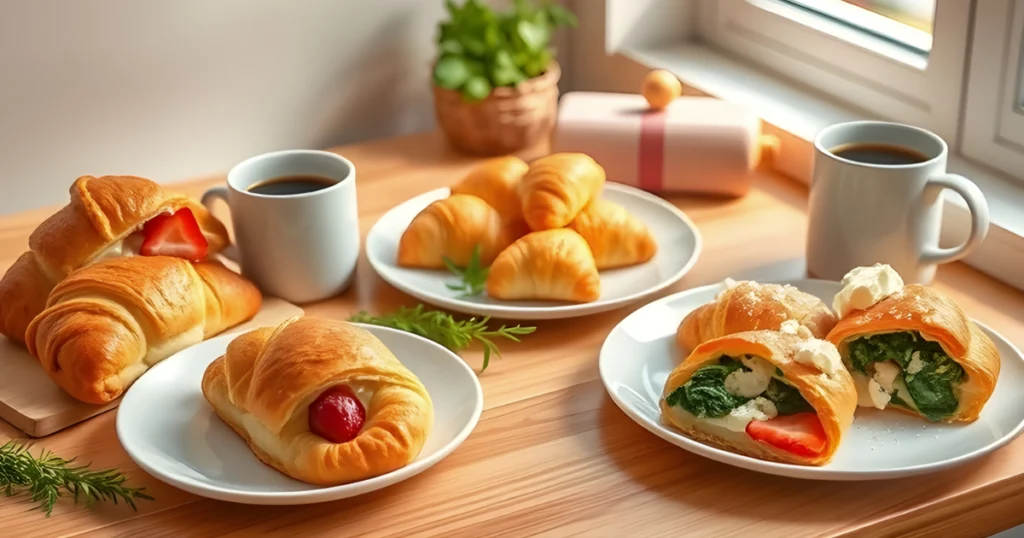 Easy Crescent Roll Breakfast Recipes for Busy Mornings - A breakfast scene featuring of crescent roll dishes, including stuffed REALISTIC crescent rolls with cheese and ham, fruit-filled options with strawberries and cream cheese, and savory versions with spinach and feta. The setting includes a warm kitchen countertop adorned with fresh herbs,  and 2 steaming cup of coffee beside the pastry plates. Soft morning light filters through a nearby window, casting a gentle glow on the delicious food.