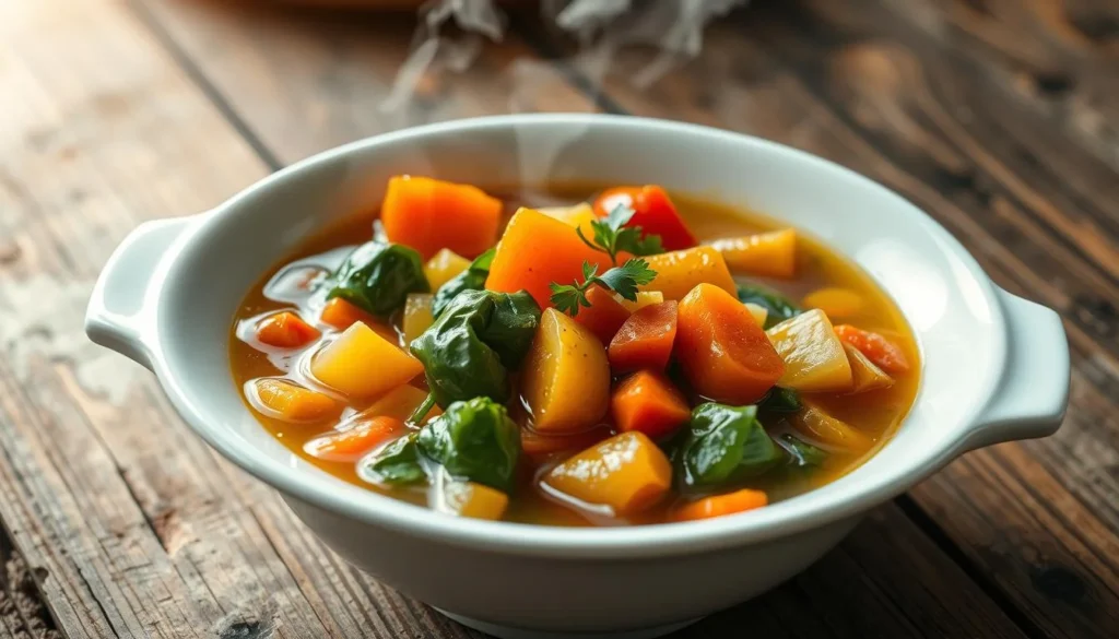 Miracle Stew Recipe  - A vibrant bowl of low-calorie stew, filled with colorful vegetables like carrots, bell peppers, and spinach, simmering in a clear broth. Fresh herbs sprinkled on top, steam rising from the bowl, set against a rustic wooden table, with a hint of sunlight illuminating the dish.