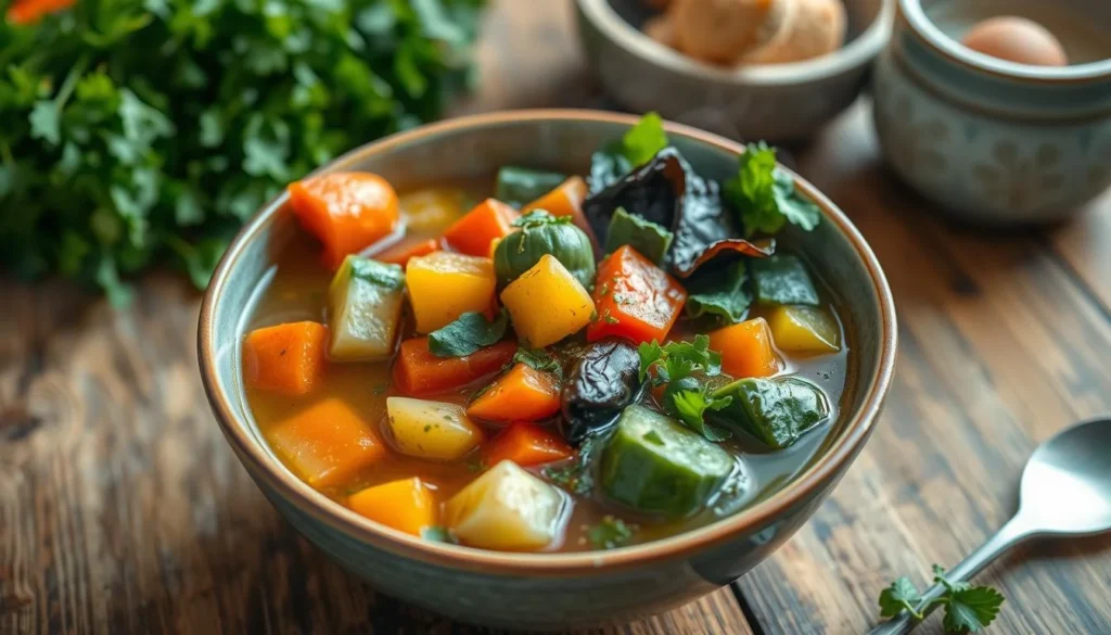 Miracle Stew Recipe - A vibrant bowl of colorful vegetable stew, featuring a variety of fresh vegetables like carrots, bell peppers, zucchini, and leafy greens, simmering in a light broth with herbs. The scene includes a rustic wooden table setting, with a sprinkle of herbs on top, steam rising, and a backdrop of a cozy kitchen environment. Emphasizing health and simplicity, the composition should evoke warmth and nourishment.