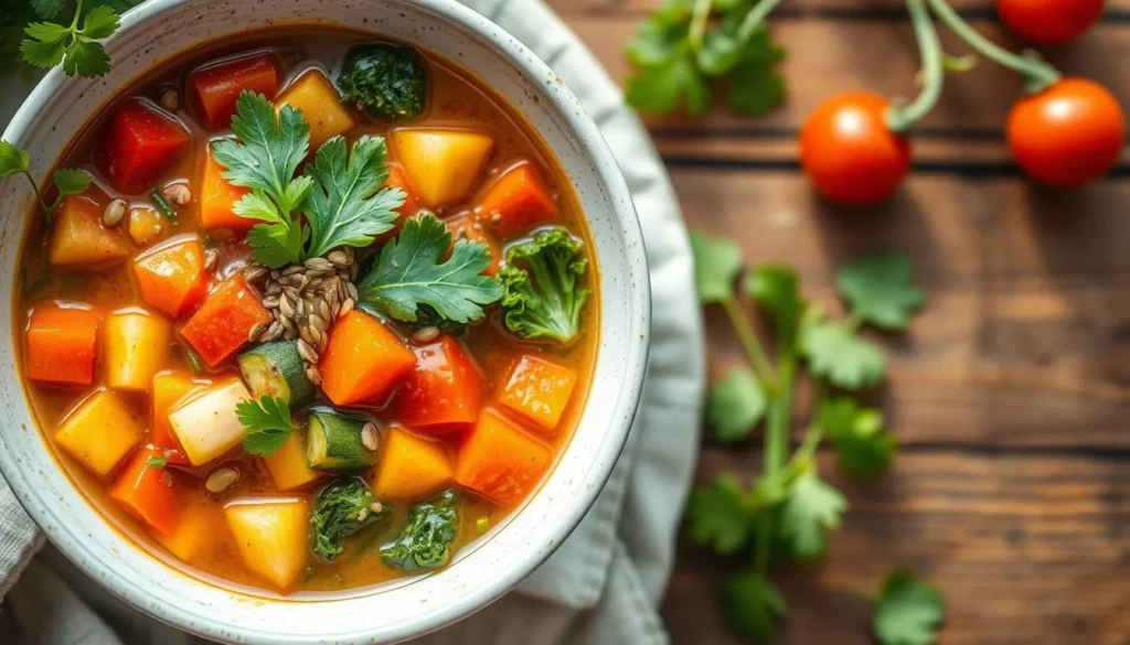 Miracle Stew Recipe - A vibrant bowl of plant-based weight loss stew, featuring an assortment of colorful vegetables like diced tomatoes, zucchini, carrots, and kale, simmering in a light broth. Garnished with fresh herbs such as parsley and cilantro, with a sprinkle of flaxseeds on top. The background shows a rustic wooden table and natural lighting, creating a fresh and healthy atmosphere.