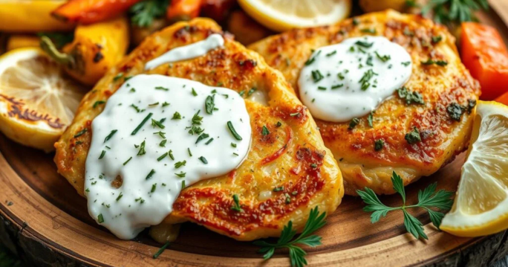 Baked Chicken Cutlets Recipes  - A close-up view of golden-brown baked chicken cutlets marinated in creamy Greek yogurt, garnished with fresh herbs like parsley and dill, served on a rustic wooden platter, with a side of vibrant colorful roasted vegetables and lemon wedges, natural lighting highlighting the textures and colors.