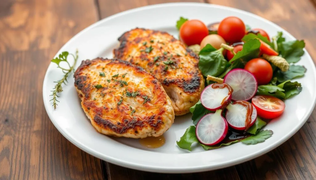 Baked Chicken Cutlets Recipes - A beautifully arranged plate of golden-brown baked chicken cutlets, garnished with fresh herbs, served alongside a vibrant salad of mixed greens, cherry tomatoes, and radishes, with a drizzle of balsamic glaze, against a rustic wooden table backdrop.