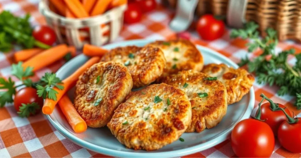 Baked Chicken Cutlets Recipes - A vibrant, colorful plate of kid-friendly ranch-seasoned chicken cutlets, presented with playful garnishes like carrot sticks and cherry tomatoes, surrounded by a cheerful picnic setting, with soft lighting and a warm atmosphere, emphasizing the delicious texture and golden-brown crust of the cutlets.