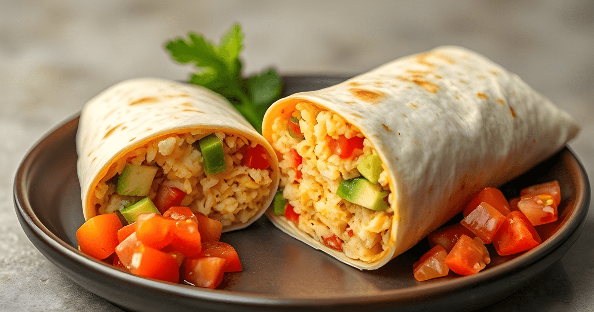 Breakfast burrito cut in half - Best Rice Recipe for Breakfast Burritos