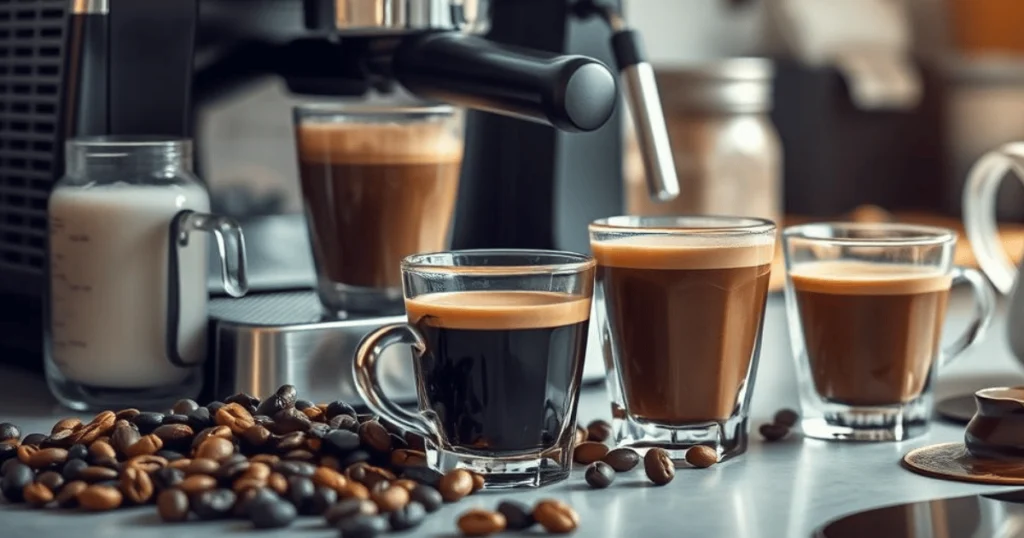 A cozy kitchen setting with a sleek espresso machine on the countertop, freshly brewed espresso in glass cups, surrounded by an array of colorful coffee beans, frothy milk in a steaming pitcher, and rich chocolate syrup drizzled nearby, with warm natural light illuminating the scene.