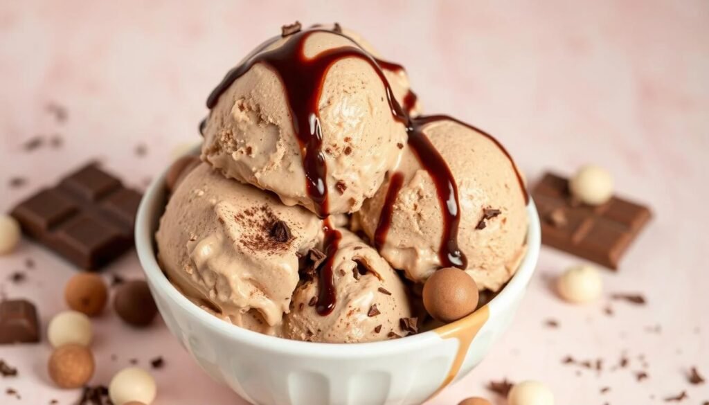 Creamy and Easy Chocolate Malt Ice Cream Recipe - Ninja Creami Recipe - A decadent bowl of creamy chocolate malt ice cream, rich and smooth, topped with a drizzle of chocolate syrup, surrounded by scattered malt balls and chocolate shavings, set against a soft pastel backdrop, emphasizing the indulgent texture and glossy finish of the ice cream.