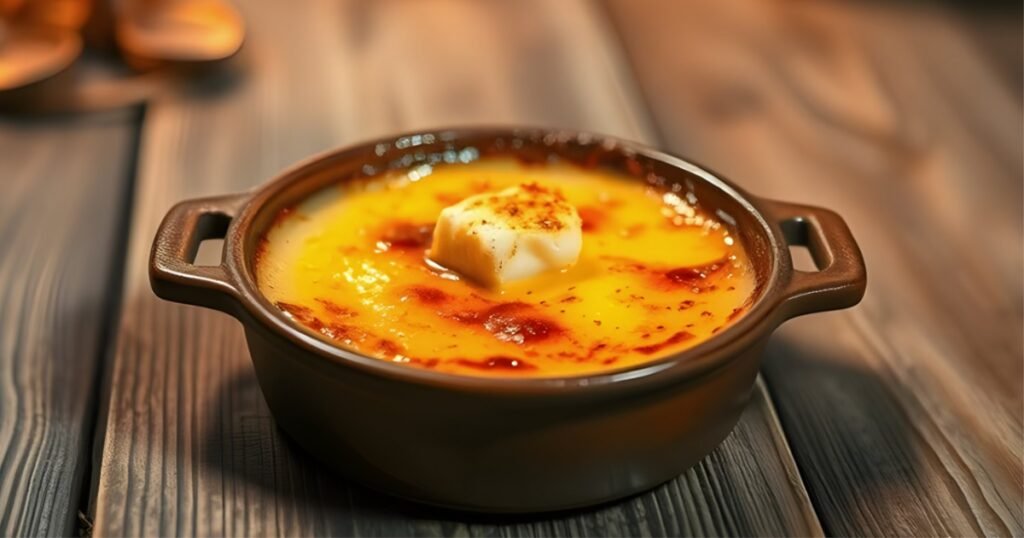 A gourmet crab brulee elegantly presented in a delicate ramekin, topped with a perfectly caramelized sugar crust,  set on a rustic wooden table with soft natural lighting.