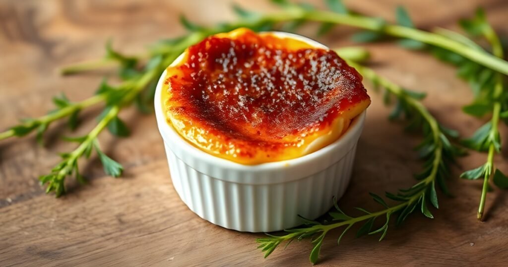 A decadent crab brulee served in a shallow dish, delicately caramelized crust on top, with flecks of fresh herbs and a hint of citrus zest, accompanied by a side of garlic buttered toast and a vibrant green salad, all set against a rustic wooden table backdrop with soft, ambient lighting.