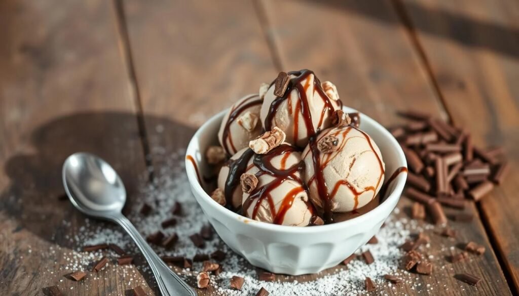 A luscious bowl of creamy chocolate malt ice cream, topped with swirls of chocolate syrup and crushed malted milk balls, elegantly presented on a rustic wooden table, surrounded by chocolate shavings and a sprinkle of malt powder, with a vintage spoon beside it. Soft natural light casts gentle shadows, enhancing the rich colors and textures of the dessert.