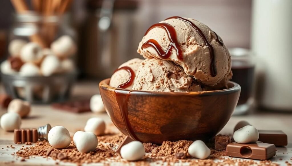 A decadent scoop of chocolate malt ice cream in a rustic wooden bowl, surrounded by scattered cocoa powder, malted milk balls, and rich chocolate syrup. The background features soft-focus elements of a cozy kitchen setting, with warm lighting enhancing the creamy texture of the ice cream.