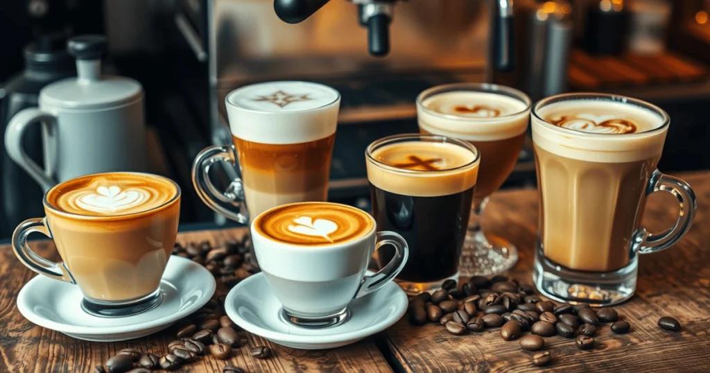 A visually enticing arrangement of classic espresso drinks on a rustic wooden table, featuring a perfectly crafted cappuccino with latte art, a rich double shot of espresso in a small porcelain cup, a velvety flat white topped with microfoam, and a delicate macchiato served in a glass. Surrounding these drinks are coffee beans, an elegant espresso machine in the background, and warm ambient lighting to create a cozy atmosphere.