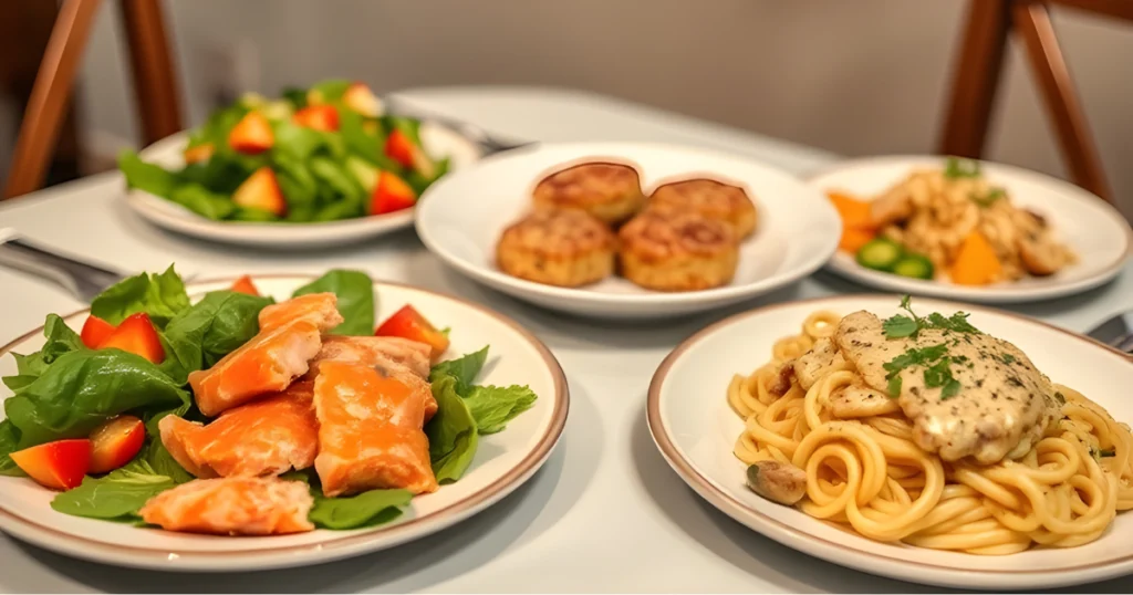 Quick and Delicious Canned Salmon Recipes Dinner - A beautifully arranged dinner table featuring 5 dishes made with canned salmon, including a vibrant salmon salad, salmon patties, and a creamy salmon pasta,  with soft lighting creating a warm and inviting atmosphere.